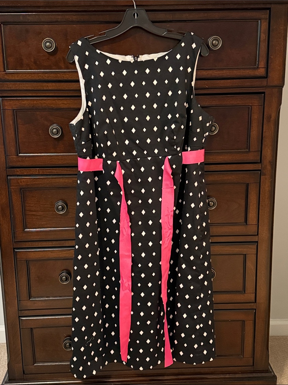 Black Diamond-Print Dress with Pink Sash